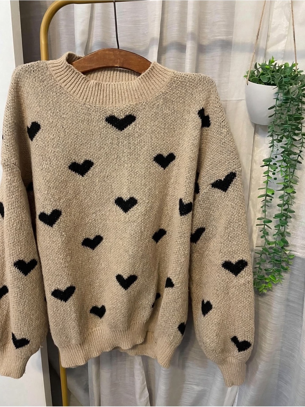 SHEIN Beige mock neck Sweater with Black Hearts